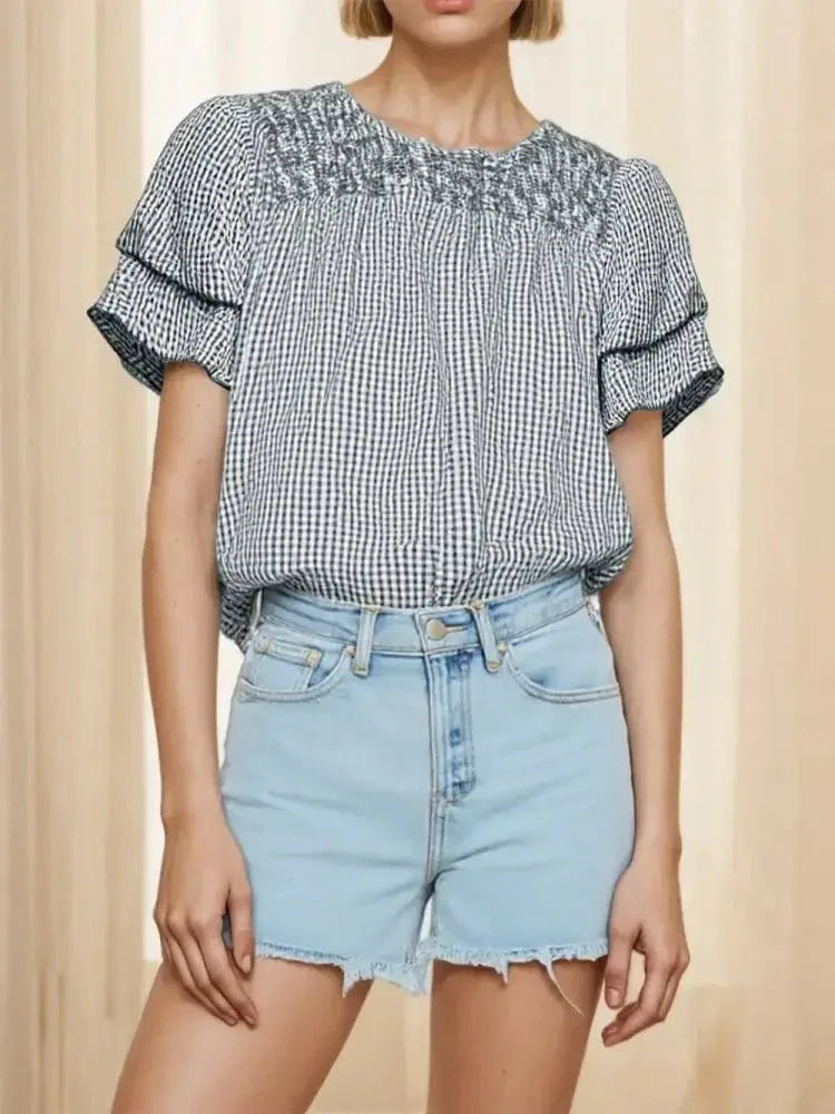 Smocked Plaid Round Neck Layered Short Sleeve Blouse - Update AvenueTrendsi10010045425186710010045425186743d455a5 - 3dc8 - 4890 - 9888 - a398bf9eae65 - MaxPlaid