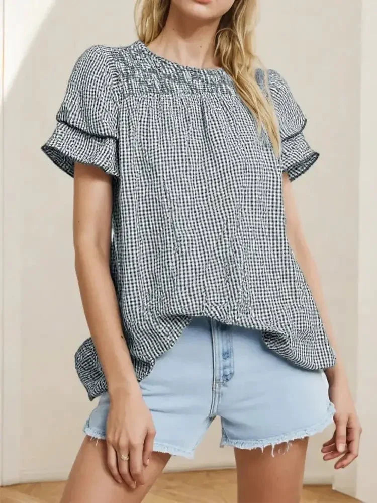 Smocked Plaid Round Neck Layered Short Sleeve Blouse - Update AvenueTrendsi10010045425186710010045425186760aed7db - f224 - 42ba - a794 - 5d204f0bc17d - MaxPlaid