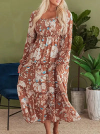 Smocked Printed Long Sleeve Tiered Dress - Update AvenueCasual DressesTrendsi100100420514817100100420514817Smocked Printed Long Sleeve Tiered DressFloral