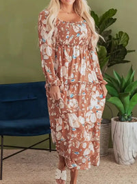 Smocked Printed Long Sleeve Tiered Dress - Update AvenueCasual DressesTrendsi100100420514817100100420514817Smocked Printed Long Sleeve Tiered DressFloral