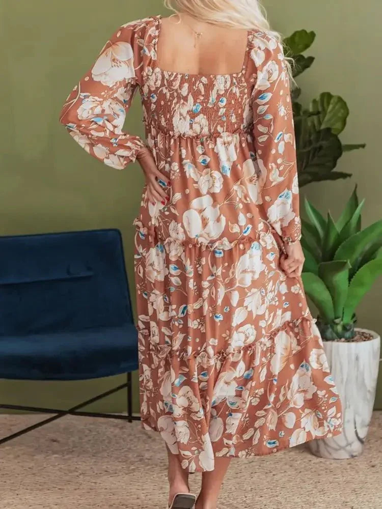Smocked Printed Long Sleeve Tiered Dress - Update AvenueCasual DressesTrendsi100100420514817100100420514817Smocked Printed Long Sleeve Tiered DressFloral