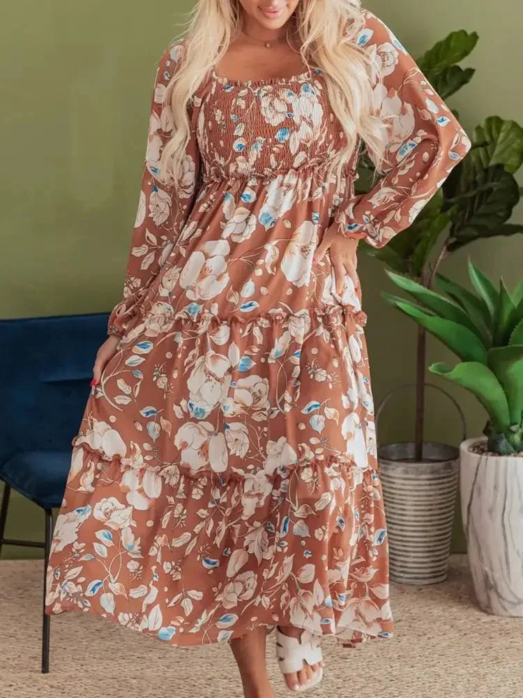 Smocked Printed Long Sleeve Tiered Dress - Update AvenueCasual DressesTrendsi100100420514817100100420514817Smocked Printed Long Sleeve Tiered DressFloral