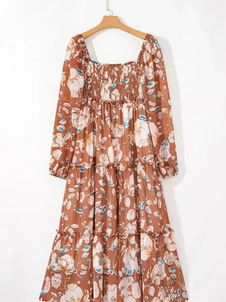 Smocked Printed Long Sleeve Tiered Dress - Update AvenueCasual DressesTrendsi100100420514817100100420514817Smocked Printed Long Sleeve Tiered DressFloral