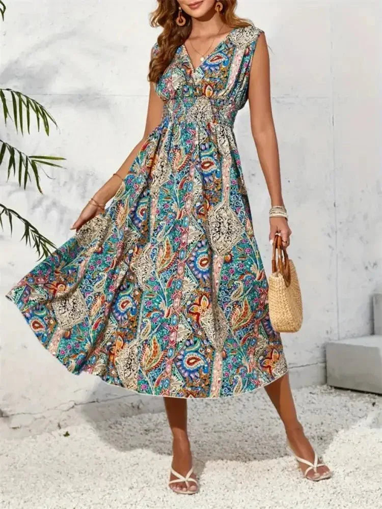 Smocked Printed Surplice Sleeveless Midi Dress - Update AvenueBoho VibesTrendsi1001008643446871001008643446876881e98e - 1da1 - 46f3 - 93d1 - 806b6e097332 - MaxTurquoise