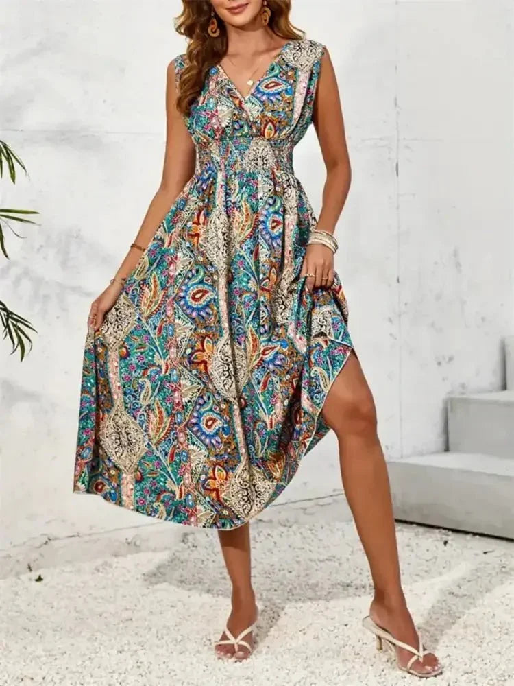 Smocked Printed Surplice Sleeveless Midi Dress - Update AvenueBoho VibesTrendsi1001008643446871001008643446871980faaa - 62cd - 4629 - 8825 - b3492cf9f6d6 - MaxTurquoise