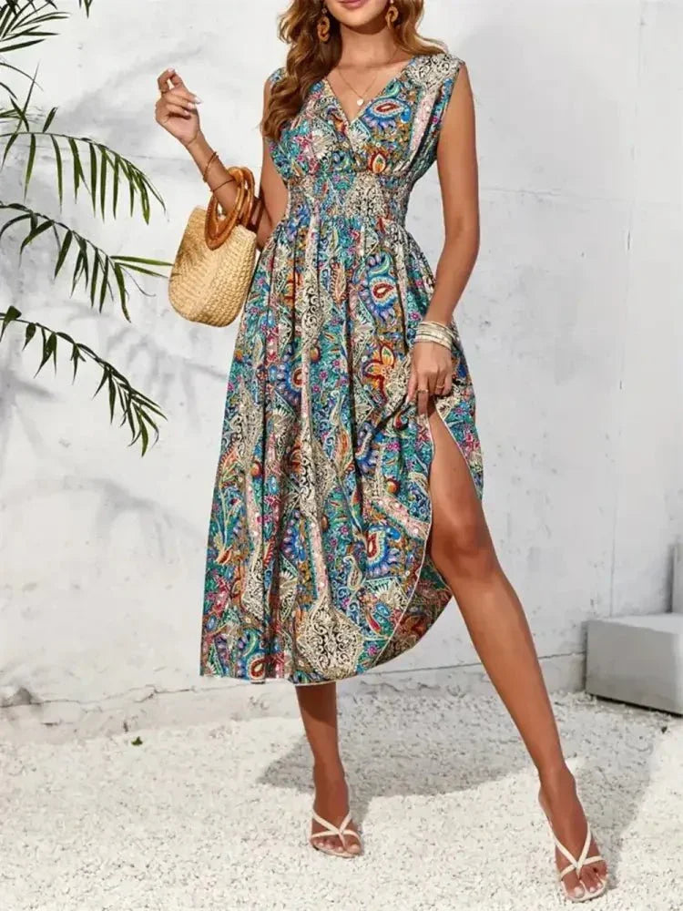 Smocked Printed Surplice Sleeveless Midi Dress - Update AvenueBoho VibesTrendsi10010086434468710010086434468733d93312 - d08e - 4c52 - b62f - 71a529058231 - MaxTurquoise