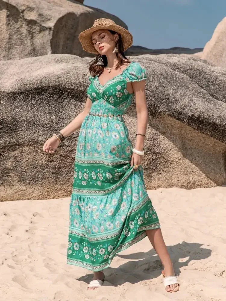 Smocked Printed V - Neck Dress - Update AvenueBoho VibesTrendsi100100298651273100100298651273a9cbfa52 - 0f01 - 42b1 - 8409 - 13d27a455502 - Max - OriginGreen