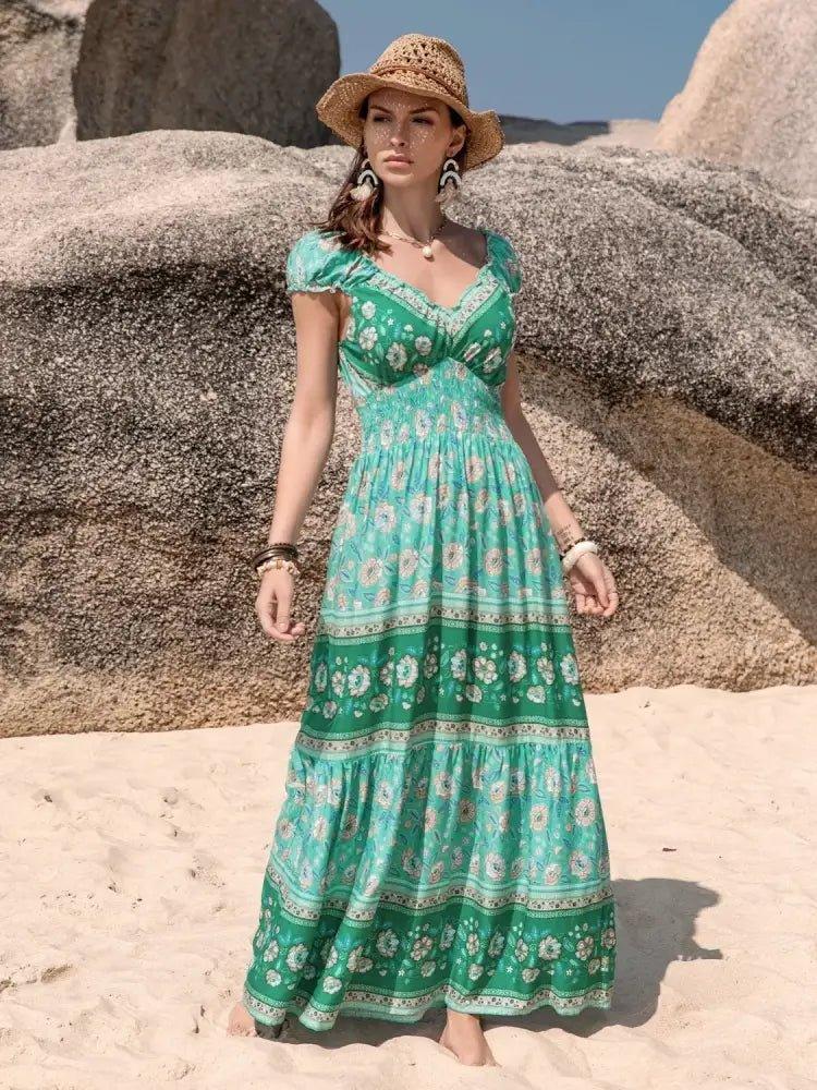 Smocked Printed V - Neck Dress - Update AvenueBoho VibesTrendsi100100298651273100100298651273b9f76919 - 12c3 - 4ece - 9f68 - 425742495073 - Max - OriginGreen