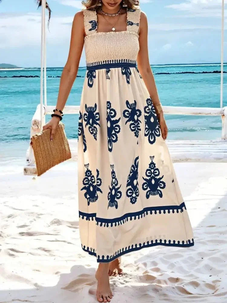 Smocked Printed Wide Strap Maxi Dress - Update AvenueBoho VibesTrendsi100100848891695100100848891695ab262e30 - 0617 - 485d - 9df9 - 02876affb801 - Max - OriginPeacock Blue