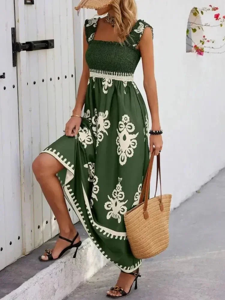 Smocked Printed Wide Strap Maxi Dress - Update AvenueBoho VibesTrendsi1001008488921591001008488921597234d019 - 169b - 473e - 9fb1 - 48f589ec1b75 - Max - OriginDark Green