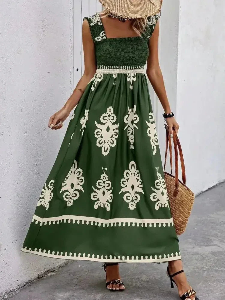 Smocked Printed Wide Strap Maxi Dress - Update AvenueBoho VibesTrendsi100100848892159100100848892159a960fd34 - 738c - 4522 - a675 - 322714440535 - Max - OriginDark Green