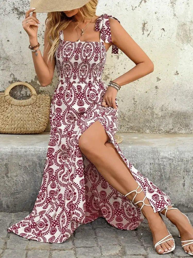 Smocked Slit Printed Tie Shoulder Dress - Update AvenueEffortless Elegance: DressesTrendsi100100786551318100100786551318f17dfcfe - b4b4 - 4856 - 973e - 2eec28d0b39b - MaxDeep Red