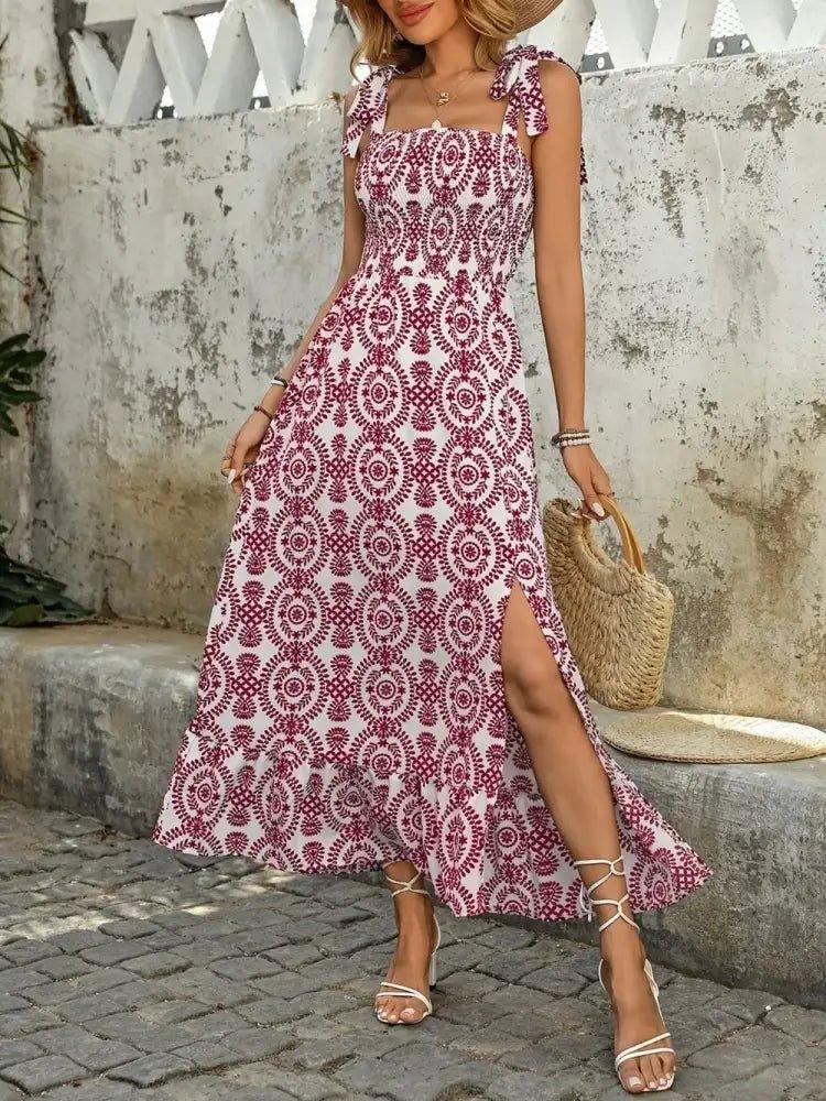 Smocked Slit Printed Tie Shoulder Dress - Update AvenueEffortless Elegance: DressesTrendsi1001007865513181001007865513189cdfbfdf - 9ab1 - 48f9 - b75f - 30f150b5a0ed - MaxDeep Red