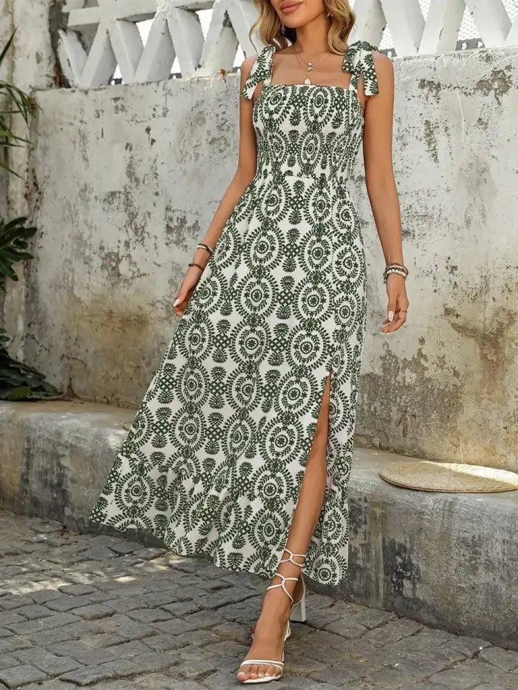 Smocked Slit Printed Tie Shoulder Dress - Update AvenueEffortless Elegance: DressesTrendsi10010078655575410010078655575409bbaaa3 - 0f7c - 4008 - b65a - c2261a34646c - MaxMoss