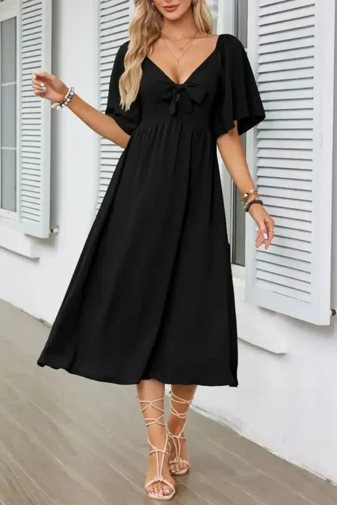Smocked Tie Front Flutter Sleeve Midi Dress - Update AvenueEffortless Elegance: DressesTrendsi1001002906916761001002906916766b78a78b - 8c02 - 4a34 - 8629 - 87687bb9b64a - Max - OriginBlack