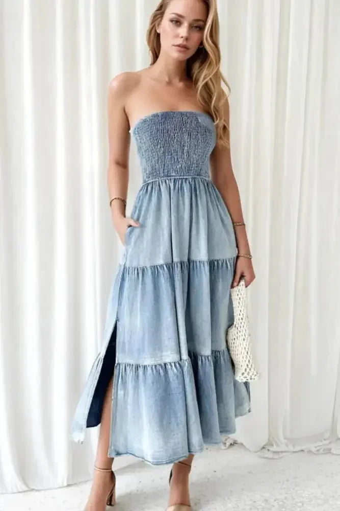 Smocked Tube Slit Tiered Denim Dress - Update AvenueDenim Dresses & SkirtsTrendsi10010061839156910010061839156993f50c51 - 1b98 - 4a82 - 9944 - 25e1a2ba8ae9 - MaxLight Blue