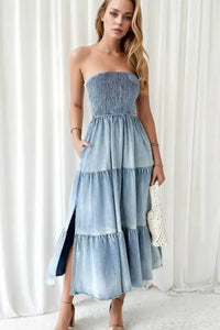 Smocked Tube Slit Tiered Denim Dress - Update AvenueDenim Dresses & SkirtsTrendsi10010061839156910010061839156993f50c51 - 1b98 - 4a82 - 9944 - 25e1a2ba8ae9 - MaxLight Blue