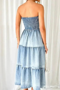 Smocked Tube Slit Tiered Denim Dress - Update AvenueDenim Dresses & SkirtsTrendsi100100618391569100100618391569e8558ba0 - cc94 - 40a1 - ab93 - 33233411c905 - MaxLight Blue