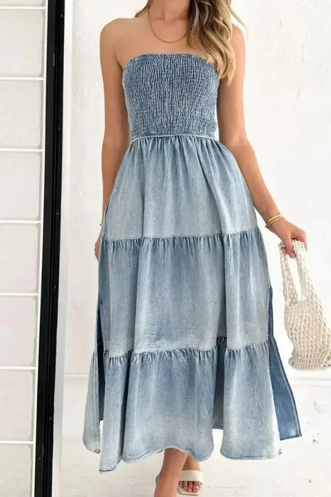 Smocked Tube Slit Tiered Denim Dress - Update AvenueDenim Dresses & SkirtsTrendsi100100618391569100100618391569d992ca68 - 8f06 - 4ac4 - 84e2 - bd7968f25270 - MaxLight Blue