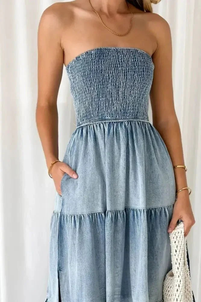 Smocked Tube Slit Tiered Denim Dress - Update AvenueDenim Dresses & SkirtsTrendsi100100618391569100100618391569401e7833 - bb79 - 4c16 - af82 - cfbb1ffa3e0e - MaxLight Blue