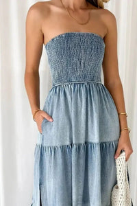 Smocked Tube Slit Tiered Denim Dress - Update AvenueDenim Dresses & SkirtsTrendsi100100618391569100100618391569401e7833 - bb79 - 4c16 - af82 - cfbb1ffa3e0e - MaxLight Blue