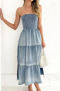 Smocked Tube Slit Tiered Denim Dress - Update AvenueDenim Dresses & SkirtsTrendsi100100618391569100100618391569ddd0c01a - 6688 - 4111 - b4c3 - 23757c27c506 - MaxLight Blue