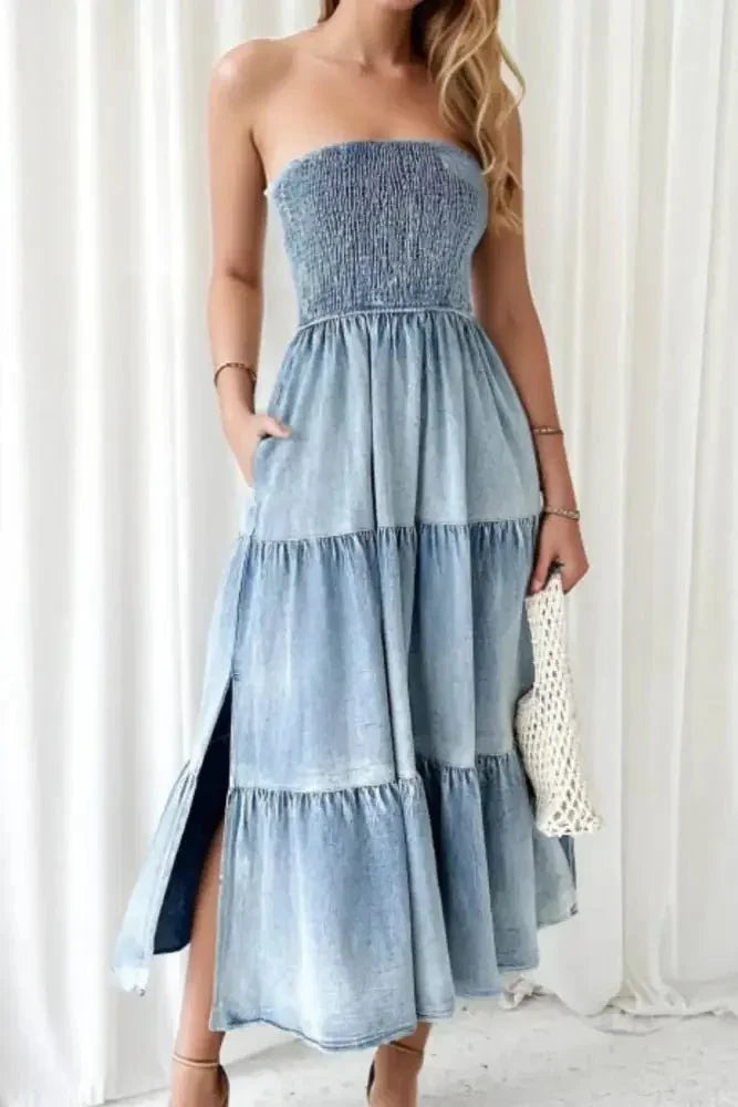 Smocked Tube Slit Tiered Denim Dress - Update AvenueDenim Dresses & SkirtsTrendsi10010061839156910010061839156917a78123 - e665 - 4cc7 - 8bb5 - b951b8abe787 - MaxLight Blue