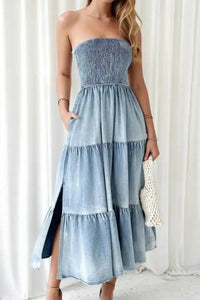Smocked Tube Slit Tiered Denim Dress - Update AvenueDenim Dresses & SkirtsTrendsi10010061839156910010061839156917a78123 - e665 - 4cc7 - 8bb5 - b951b8abe787 - MaxLight Blue