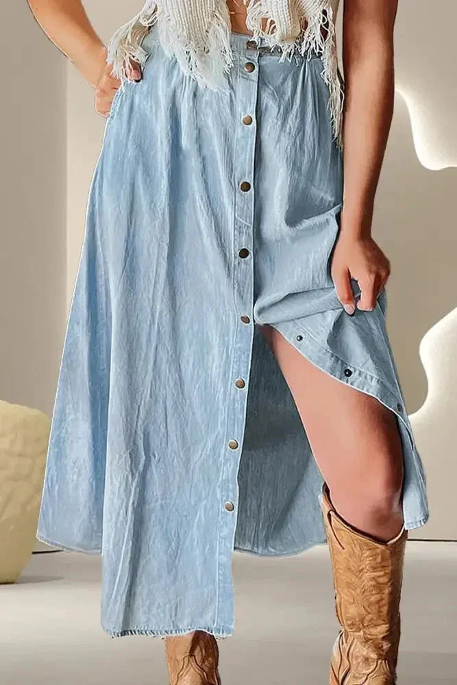 Snap Down High Waist Denim Skirt - Update AvenueDenim Dresses & SkirtsTrendsi100100408491225100100408491225f9f25110 - e3ae - 45db - 9aab - f5fbdfcd2f35 - MaxLight