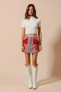 SO ME Contrast Bow Knot Pocket Fourth Of July Denim Skirt