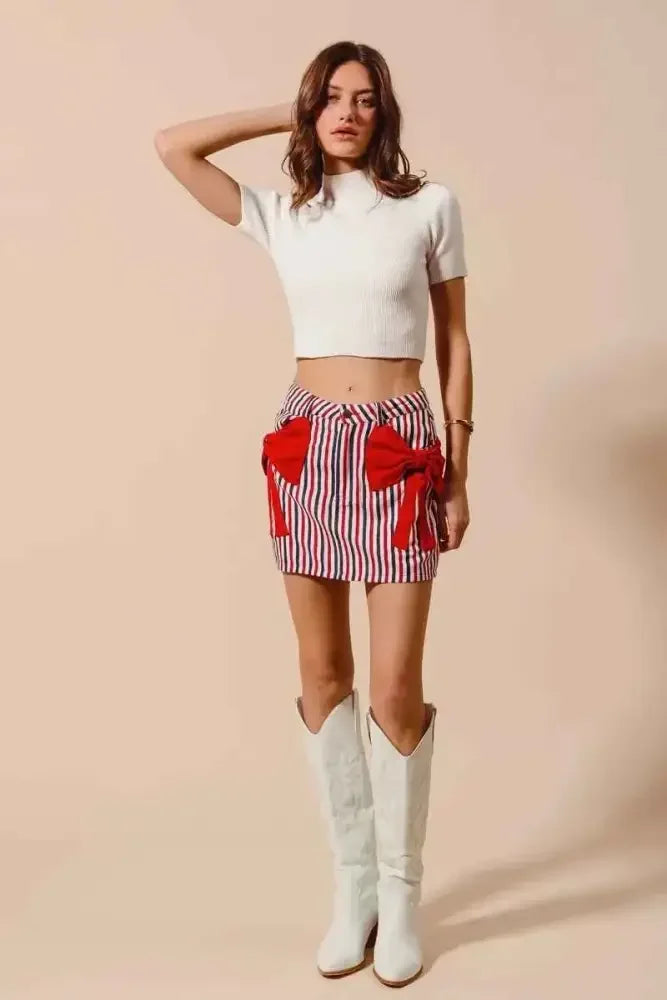SO ME Contrast Bow Knot Pocket Fourth Of July Denim Skirt