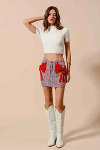SO ME Contrast Bow Knot Pocket Fourth Of July Denim Skirt
