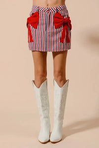 SO ME Contrast Bow Knot Pocket Fourth Of July Denim Skirt
