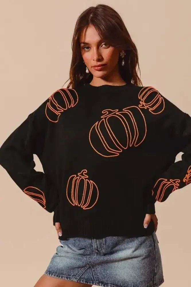 SO ME Pumpkin Embroidered Halloween Thanksgiving Sweater - Update AvenueHalloweenTrendsi10010026752132910010026752132913bdd888 - 1723 - 4455 - 9a43 - fcbbfb589e15 - Max - OriginBLACK/ORANGE