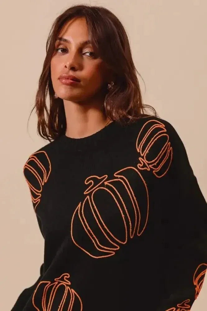 SO ME Pumpkin Embroidered Halloween Thanksgiving Sweater - Update AvenueHalloweenTrendsi1001002675213291001002675213298043165b - 999f - 4151 - b314 - 89daf2b855db - Max - OriginBLACK/ORANGE
