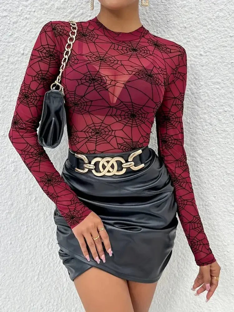 Spider Web Print Long Sleeve Blouse - Update AvenueHalloweenTrendsi100100458260404100100458260404ba859c018b154835af177e7bc369b462 - Max - OriginBurgundy