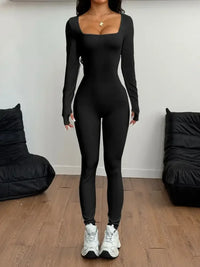 Square Neck Long Sleeve Active Jumpsuit