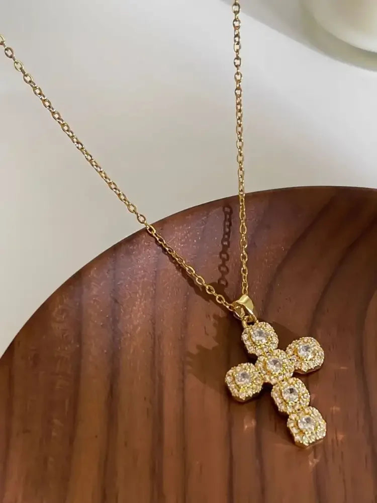 Stainless Steel Inlaid Zircon Cross Necklace