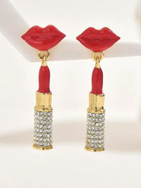 Stainless Steel Resin Lips Lipstick Rhinestone Earrings