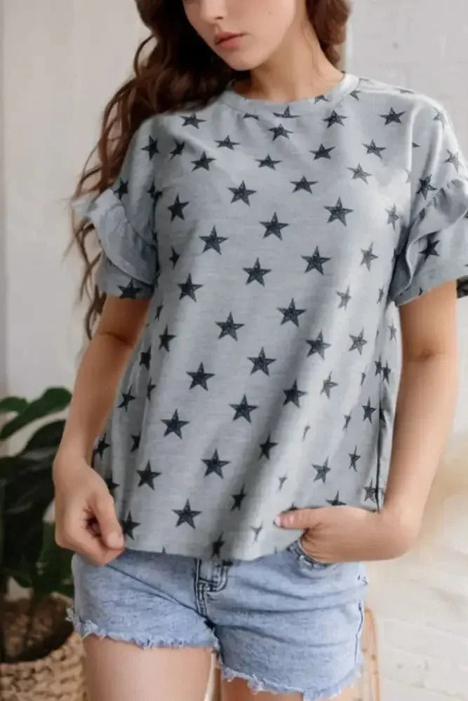 Star Print Tiered Ruffled Sleeve Crew Neck T Shirt - Update AvenueT-ShirtsTrendsi100100783539605100100783539605500955d7 - 46de - 43a0 - 9f4b - 56b31d11cc12 - Max - OriginGray