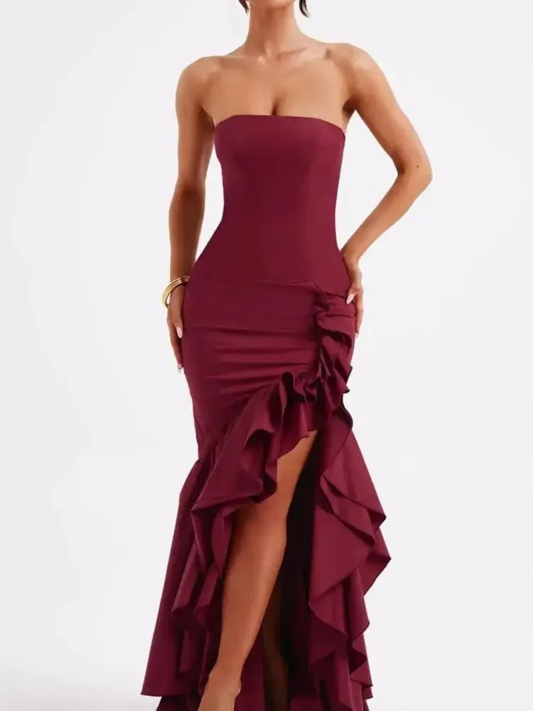Strapless Ruffle High-Low Bodycon Dress