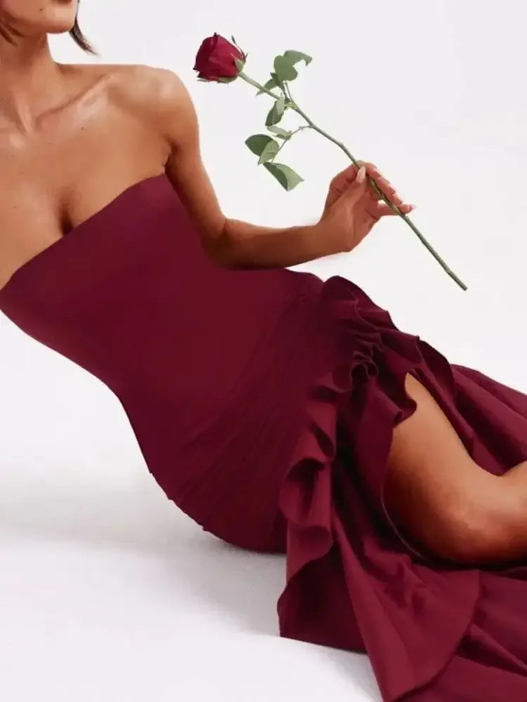 Strapless Ruffle High-Low Bodycon Dress