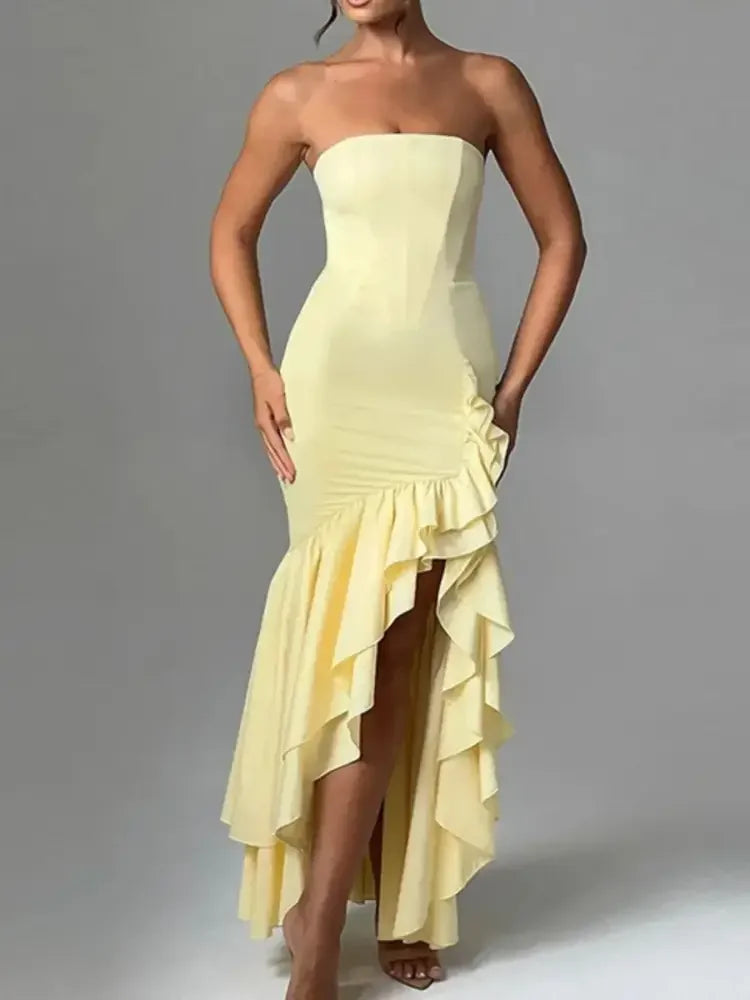 Strapless Ruffle High-Low Bodycon Dress