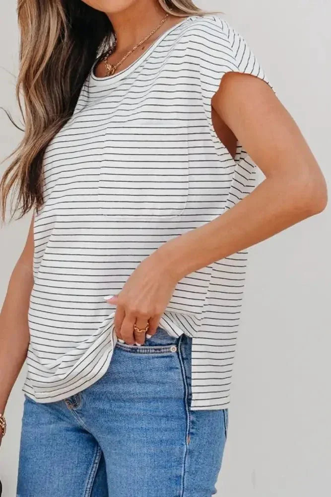 Stripe Cap Sleeve Crew Neck Casual Tee with Chest Pocket - Update AvenueT-ShirtsTrendsi100100250684613100100250684613ca4d651d - 378f - 40be - a3c9 - d9a7770b6f4c - Max - OriginWhite