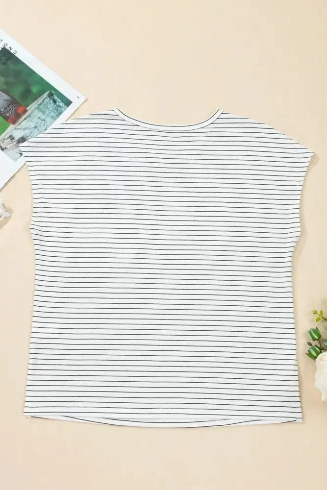Stripe Cap Sleeve Crew Neck Casual Tee with Chest Pocket - Update AvenueT-ShirtsTrendsi10010025068461310010025068461351371168 - cfd9 - 40f9 - a7db - c3cfc672bff2 - Max - OriginWhite