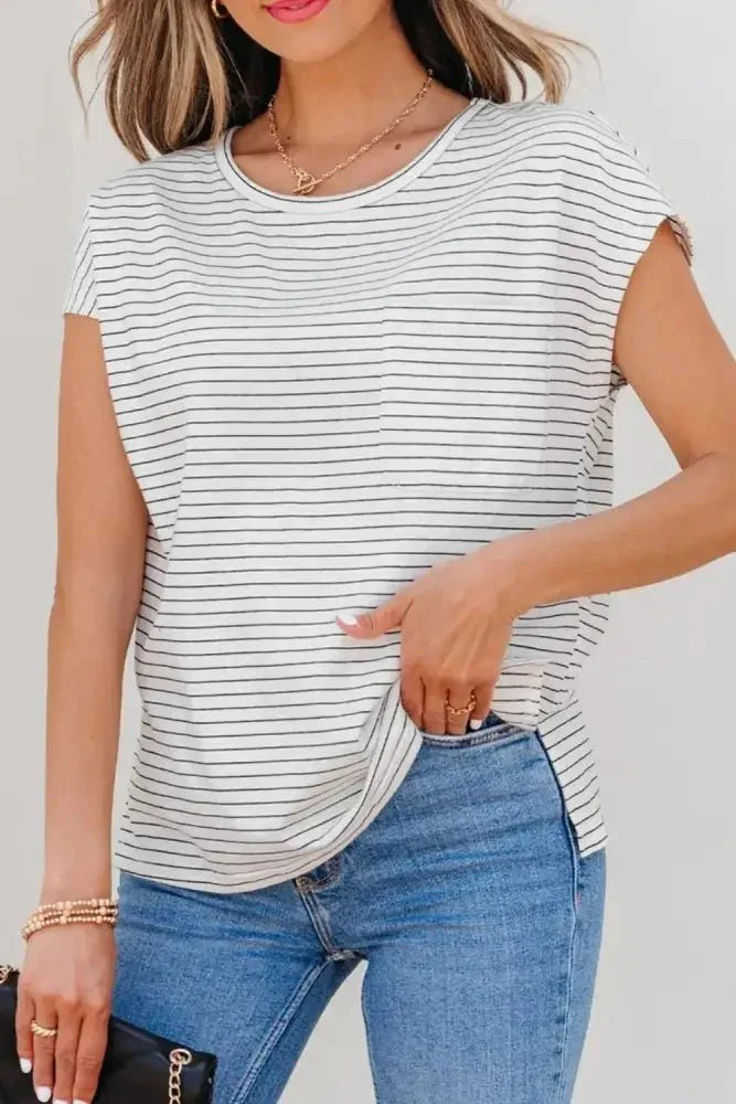 Stripe Cap Sleeve Crew Neck Casual Tee with Chest Pocket - Update AvenueT-ShirtsTrendsi10010025068461310010025068461393120a27 - 7345 - 4a02 - 999b - 8abcc0503d9c - Max - OriginWhite