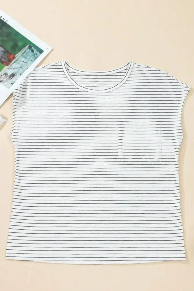 Stripe Cap Sleeve Crew Neck Casual Tee with Chest Pocket - Update AvenueT-ShirtsTrendsi10010025068461310010025068461344b034b3 - c3bb - 41fe - ac1b - b4714d4cdebb - Max - OriginWhite