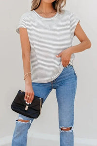 Stripe Cap Sleeve Crew Neck Casual Tee with Chest Pocket - Update AvenueT-ShirtsTrendsi100100250684613100100250684613ab7833da - 2a70 - 4fbf - a842 - 372d25e3e963 - Max - OriginWhite