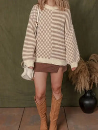 Stripe Checkerboard Drop Shoulder Balloon Sleeve Sweater - Update AvenueTrendsi100100014067879100100014067879f51910978af94a45a3dc53fd4a7e2ece - Max - OriginTan