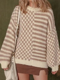 Stripe Checkerboard Drop Shoulder Balloon Sleeve Sweater - Update AvenueTrendsi100100014067879100100014067879edb52d627fed4807bb82c502917eebfb - Max - OriginTan